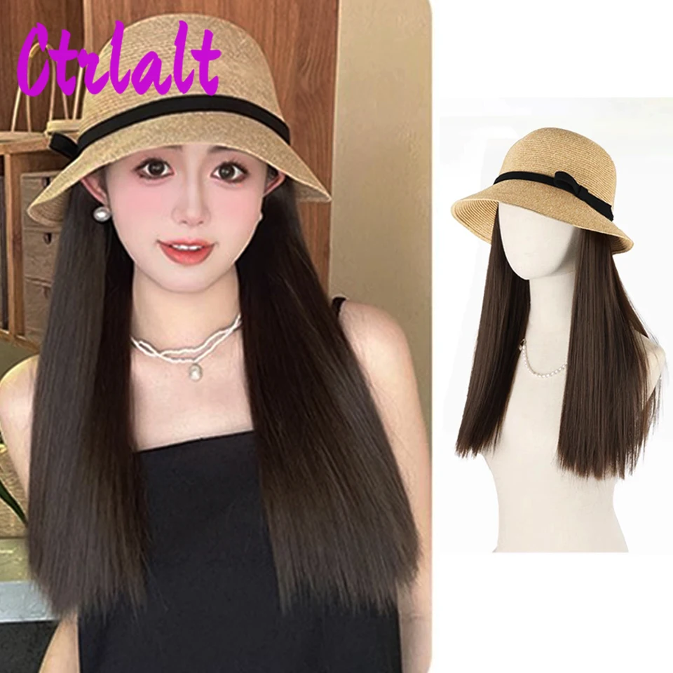 Topi Wig sintetis musim panas dengan rambut Wig hitam bergelombang menghubungkan Wig sintetis untuk penggunaan sehari-hari wanita rambut suhu tinggi