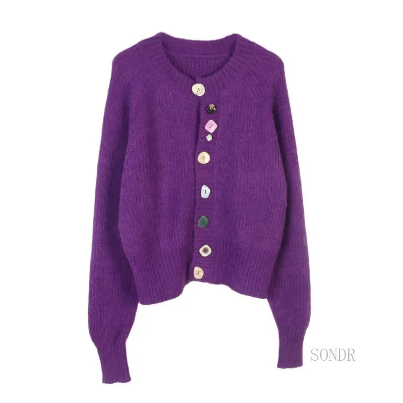 

Purple Knitted Cardigan with Buttons Details 2024 Autumn Winter Tops Women Knitted Cardigan Single-breasted Short Sweater Jacket