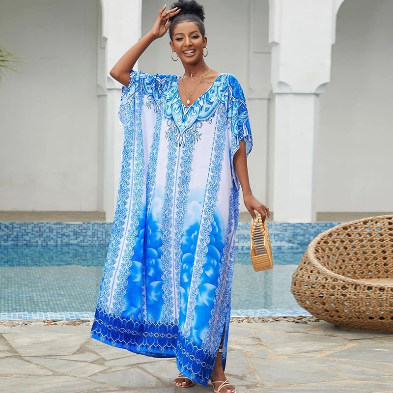 

Sky Vibe Maxi Dress Blue Kaftan Chic Cozy Women Caftan Rayon Efforless Elegant Royal Pattern Floral Robe Beach Seaside Cover Ups