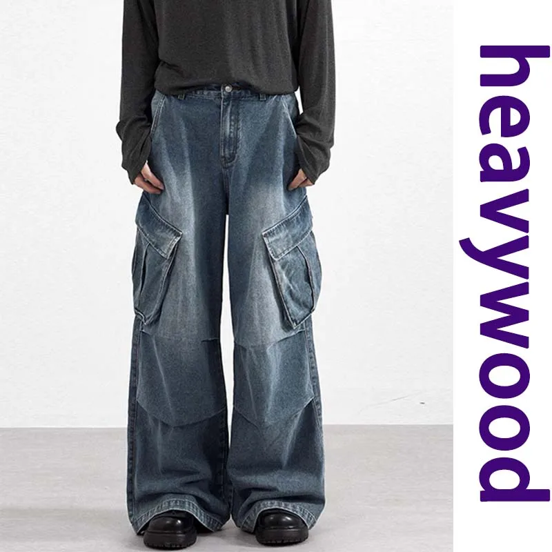 

2026 Autumn/Spring Men's American Style Jeans Washed Lager Double Pocket Color Streetwear Loose Wide Leg Male Cargo Denim Pants
