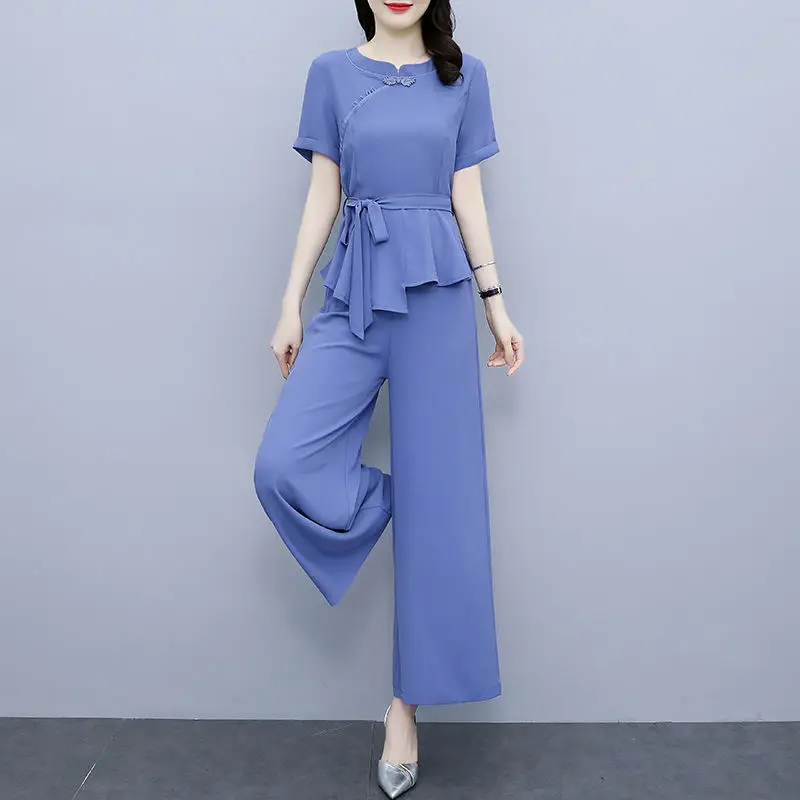 Pantaloni a gamba larga per donna estate 2023 New Fashion Office Lady Solid o-collo Top irregolare Pantstuits 2 pezzi abiti femminili