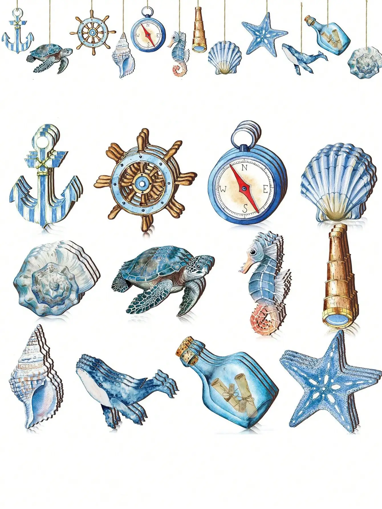 12pcs- Summer beach wooden decorations, blue ocean, tree decorations, nautical coastal theme hanging ornaments, anchors, turtle