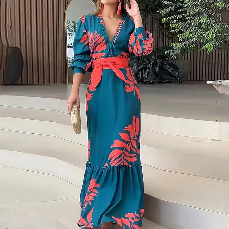 Women Dress Long Dresses Slim Fit Print Floral V Neck Puff Full Sleeve A Line Tight Waist Sexy Elegant Splice Pleated Vestidos