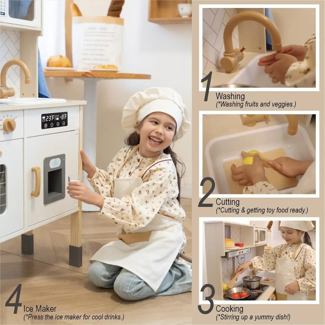 Ensemble de jeu de cuisine en bois pour enfants, cuisinière réaliste, hotte de cuisine, four, machine à glaçons, micro-ondes, évier, lumière & S