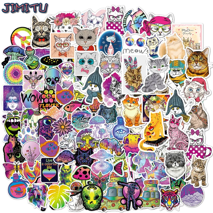 

110 Pcs Psychedelic Mushroom Stickers Cartoon Cat Stickers Animal Shaped DIY For Laptops Helmets Bicycles Children's Gift Decal