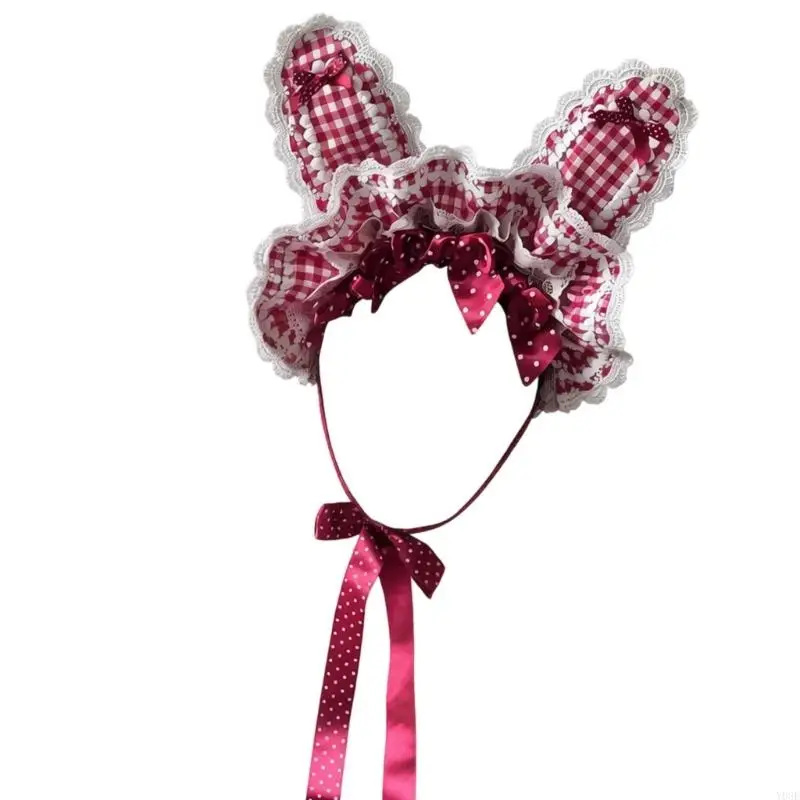 Delicate Checkered Hairband Sweet Ribbon Tie Bunnies Ears Hair Clip Hat Rabbits Ears Headbands For Various Occasion Y08E