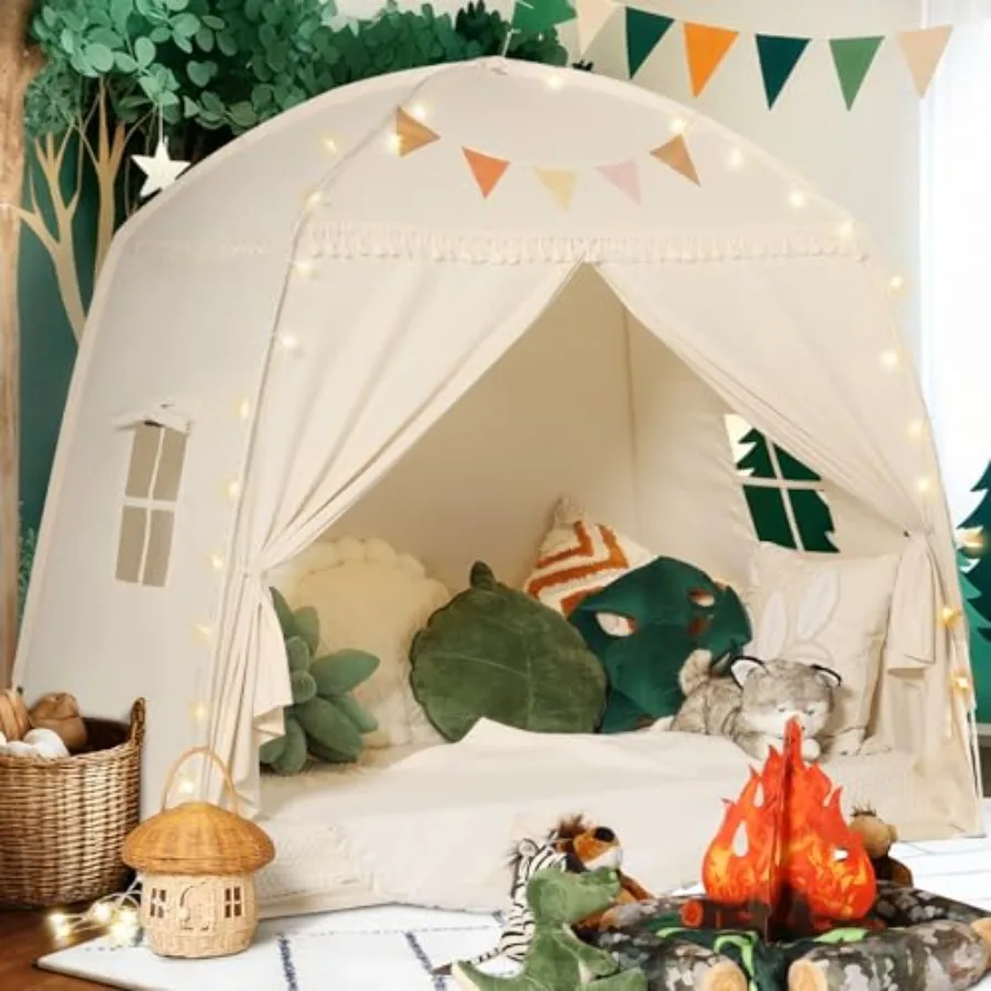 

Large Teepee Tent for : with Star Lights and Flags - Tent for Indoor Teepee for Boys and Girls - Playhouse Inside Canopy Bed fo