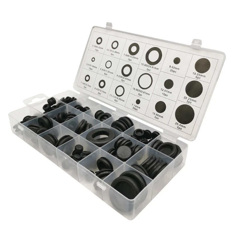 18 Size Grommets 125Pcs Black Rubber Grommet Electrical Gasket Rings Assortment for Protecting Wire and Cable