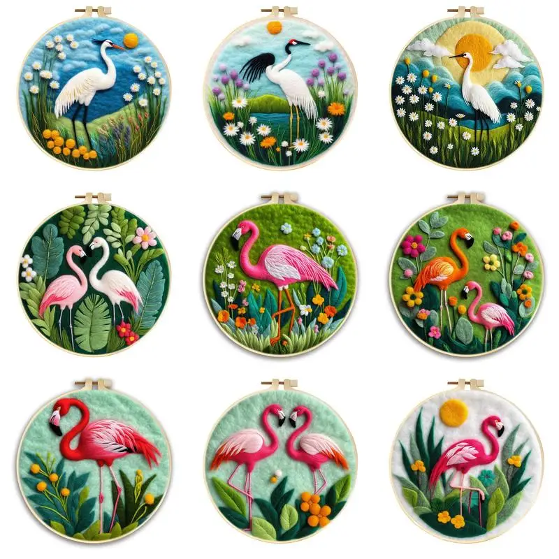 

CHENISTORY White Crane Flamingo DIY Wool Painting Kits With Embroidery Creative DIY Wool Needle Felt Painting Animal Home Decor