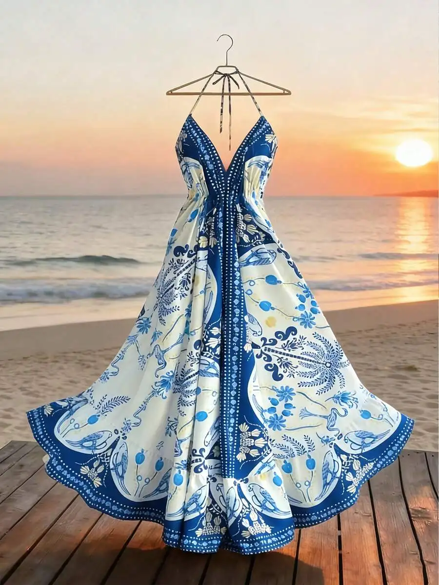 

Womens Elegant Spaghetti Strap Backless Tie V-Neck Printed Maxi Dress For Beach Vacation Summer