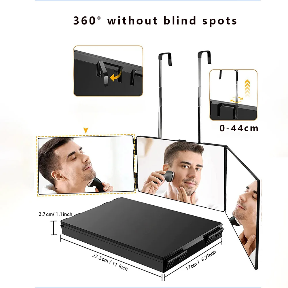 Schwarzer tragbarer 360-Grad-Spiegel mit höhenverstellbaren Teleskophaken, ideal zum Selbsthaarschneiden von Make-up, unverzichtbar