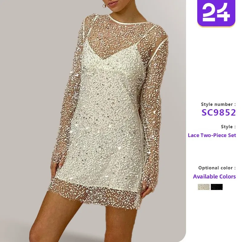 

Cross-Border Independent Station Women's Clothing Bubble Bead See-Tough Lace Two-Piece Set Strap Dr Korean Sle High Wa...