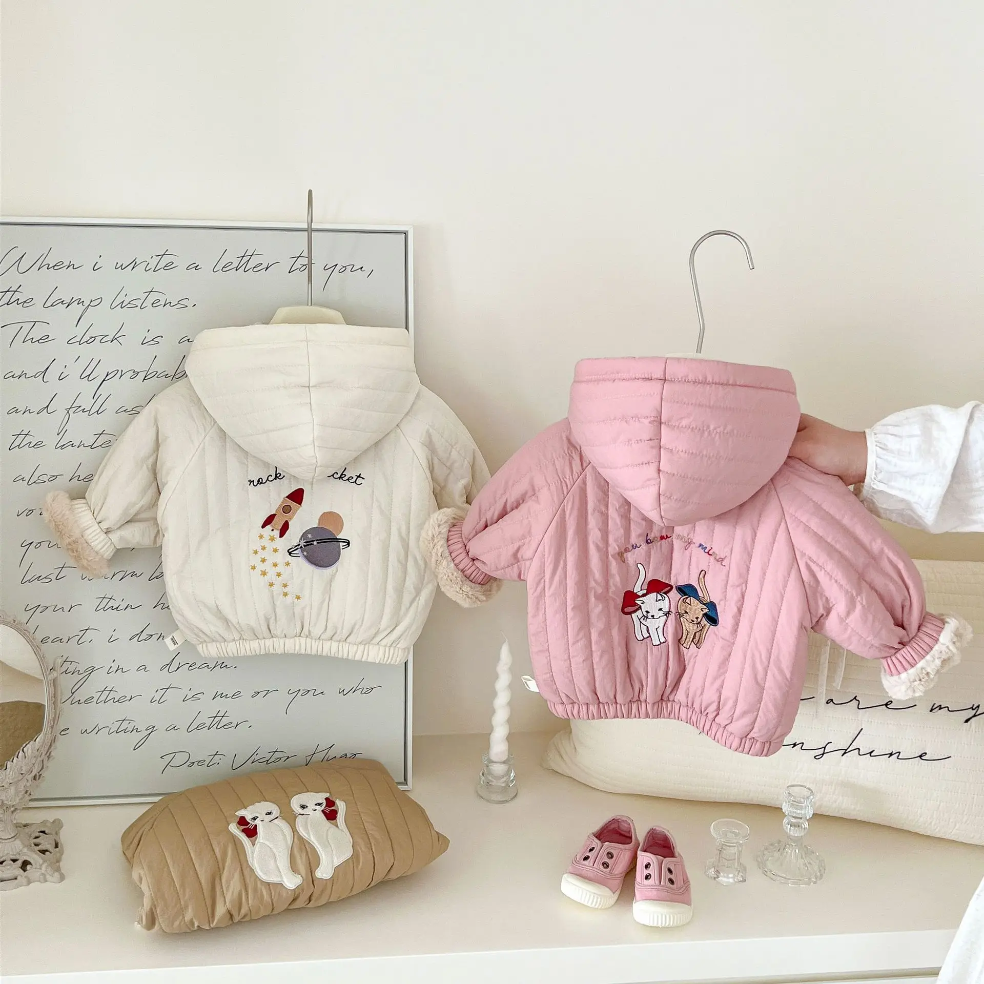 2025 Autumn Winter New Kids Hooded Coat Korean Fashionable Casual Daily Fleece-Lined Solid Color Short Parkas