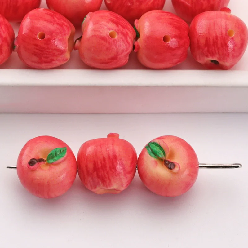 5pcs 14x15mm 3D Resin Simulation Apple Horizontal Hole Fruit Pendant Beads For DIY Jewelry Bracelet Earrings Accessories