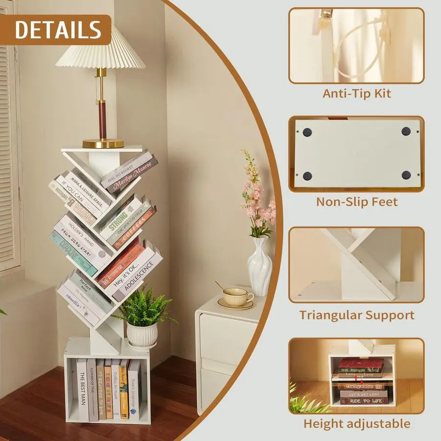 رف كتب على شكل شجرة من الطبقة، خزانة كتب صغيرة مع مخطط للقراءة ولوحة أنشطة، زاوية قائمة على الأرض حديثة، تخزين ضيق طويل القامة C