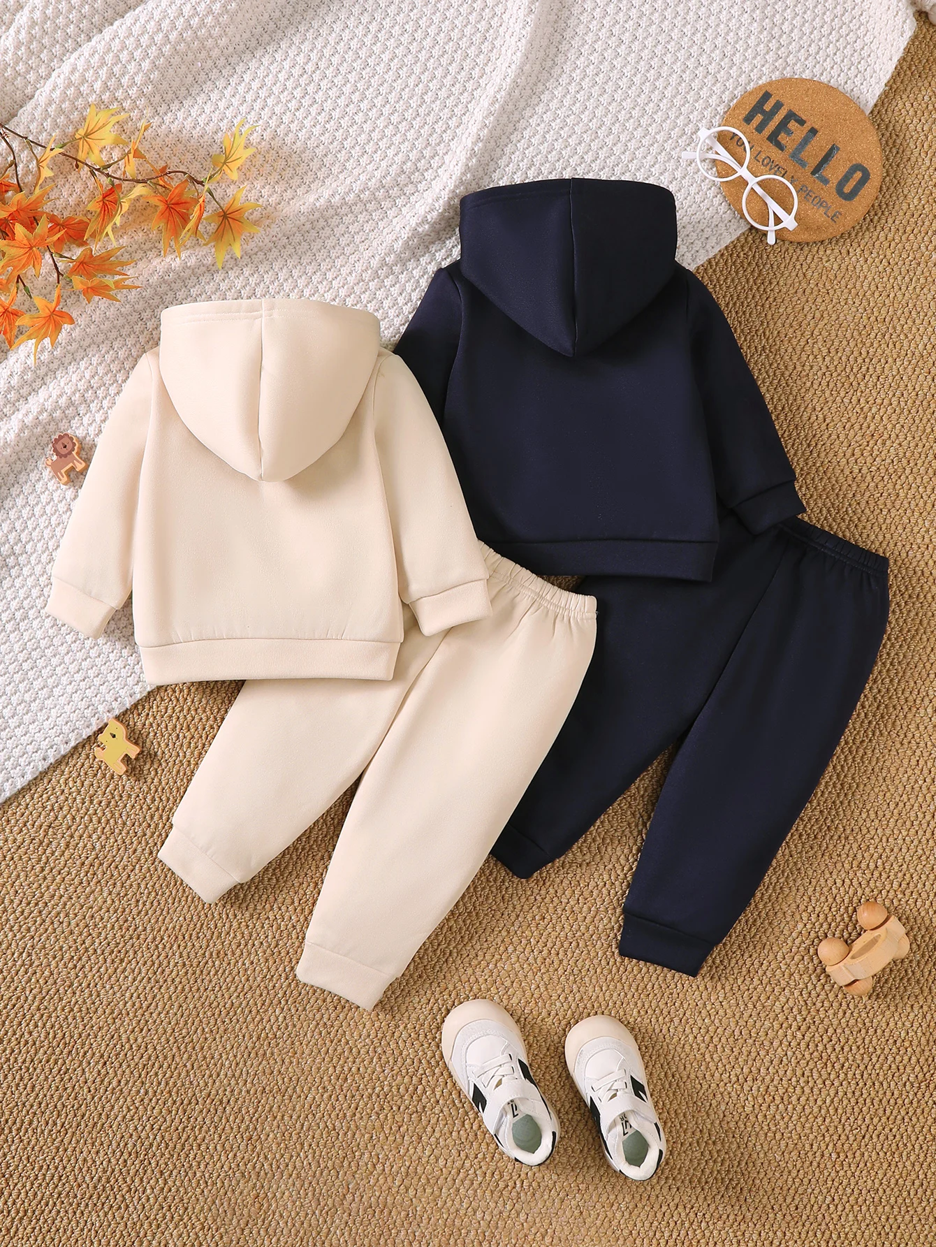 4pcs Baby Boy Autumn Winter Fleece Lined Hooded Zip Jacket And Pants Set Daily Wear for Boys