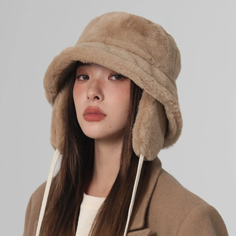 

Winter Warm Bucket Hats for Women Girl windproof Hiking Hat Fur Hat Winter Hat Barrel Cap Cotton Fabric Ear Protection Caps