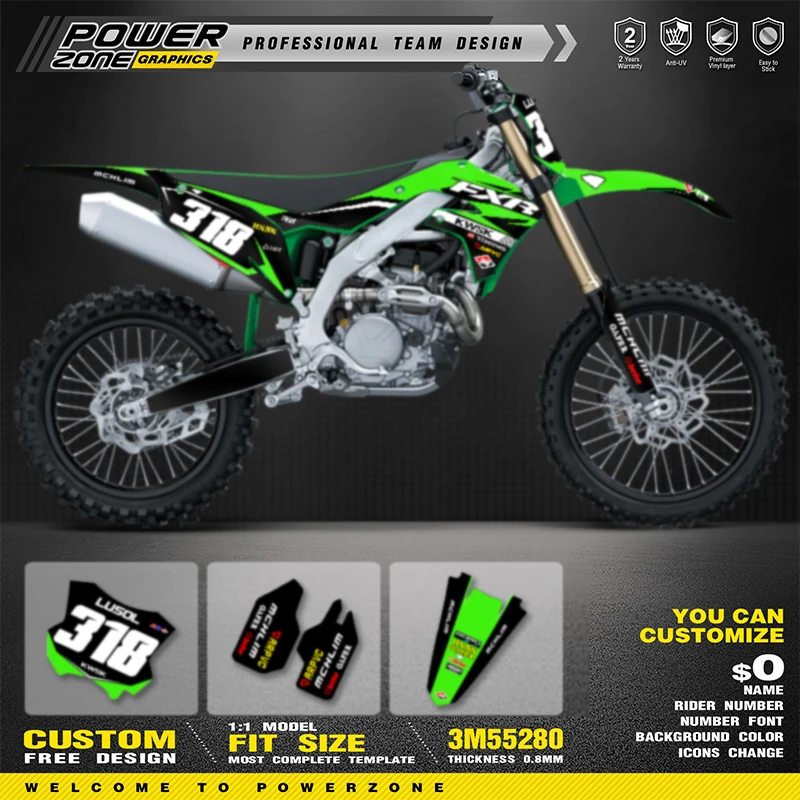

PowerZone Custom Team клейкие наклейки виниловые наклейки комплект для Kawasaki 2019-2023 KXF KX450 2021-2024 KXF KX250 мотоцикл 03