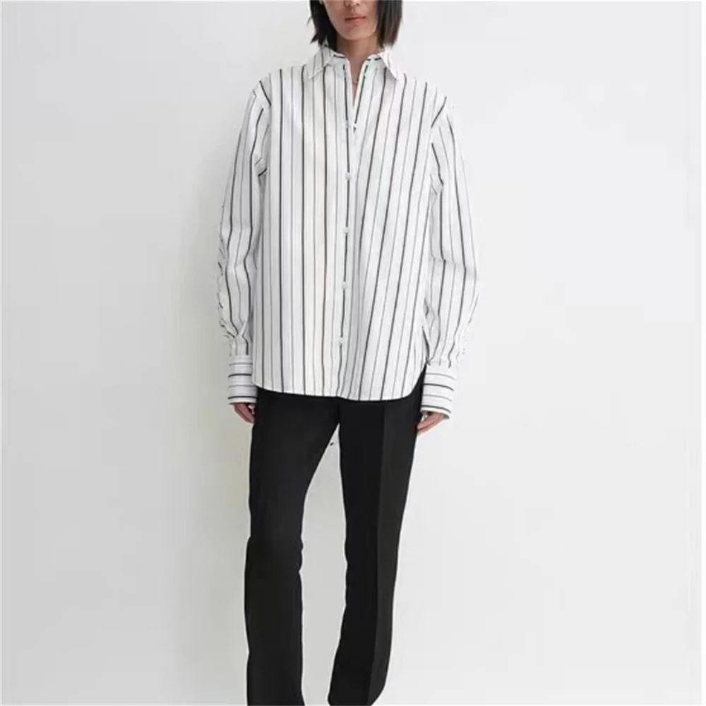 

Women's Classic Stripes Shirt Turn-down Collar Long Sleeve Female Office Wear Blouse and Top