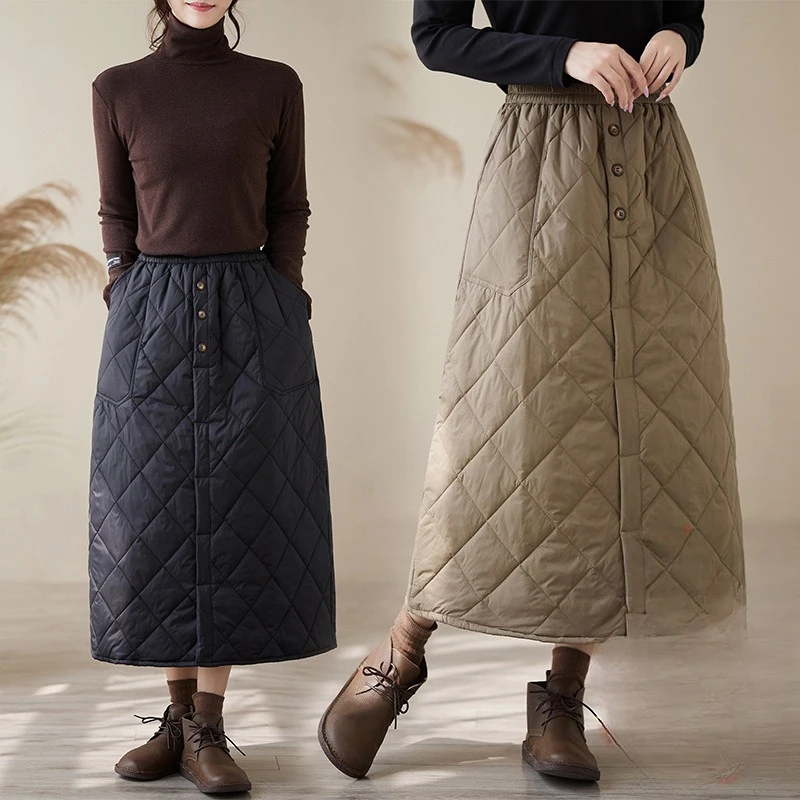 

Autumn and Winter New Thickened Retro Rhombus Padded Cotton Thickened Skirt Literary and Versatile Warm Skirt