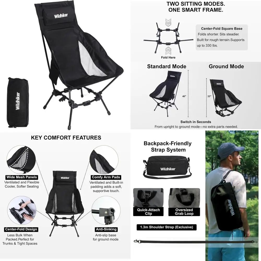 

Портативное складное кресло для кемпинга с двумя режимами использования, подушкой, подлокотниками, карманами - легкое, для активного отдыха, путешествий, фестивалей - черное