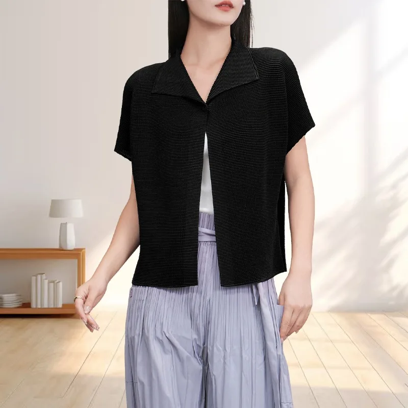 

Miyake Pleated Women Short Sleeve Cardigan 2025 Summer New Simple Casual One Button Bat Sleeve Top Shawl Loose Stretchy Clothing