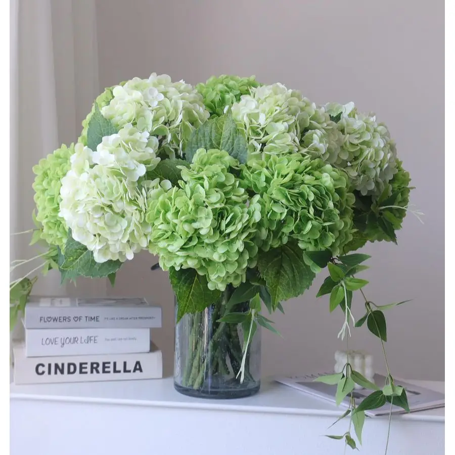 

4 шт. Искусственные шелковые гортензии на длинном стебле, большие, реалистичные, на ощупь как живые, зеленые, для свадьбы и вечеринок