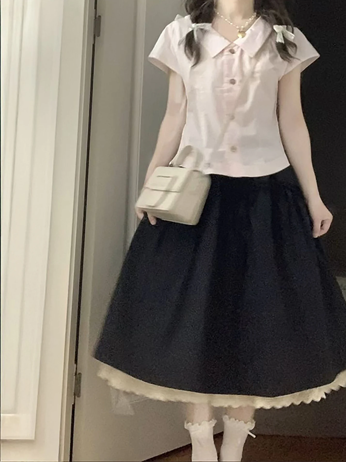 

Elegant Youthful Japanese Sweet Short Sleeve Shirt High Waist Elastic Skirt Two Piece Set Fashionable Casual Spring Summer