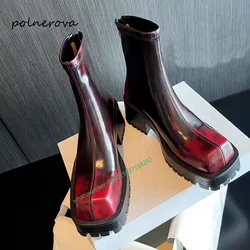 Retro Red Square Toe Ankle Boots Newest Solid Chunky Heel Boots Fashion Daily Runway Shoe for Women 2024 Spring Elegant Leisure