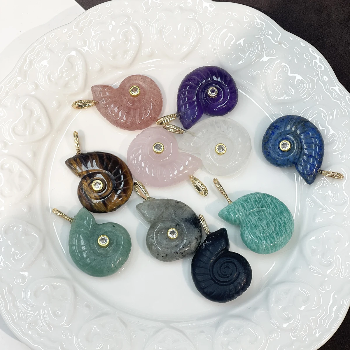 Natural Stone Pendant Conch Rose Quartz Flash Labradorite Pendant Charms for Making DIY Jewrly Necklace Accessories 21x34mm