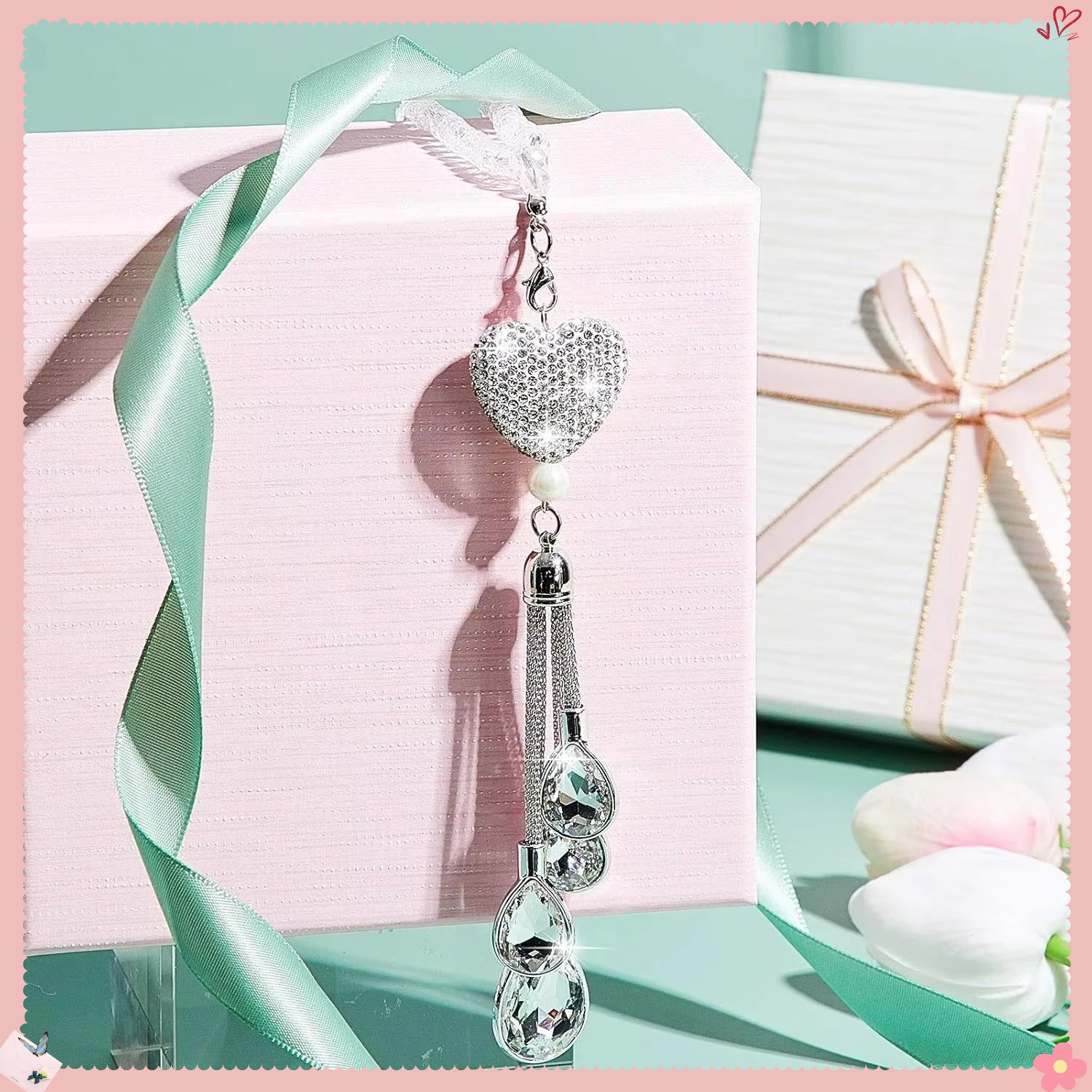 

Подвеска для автомобильного зеркала с кристаллами в форме сердца, 9,8-дюймовый белый блестящий декор для женщин, идеальный подарок на день Святого Валентина для нее, милый аксессуар для приборной панели.