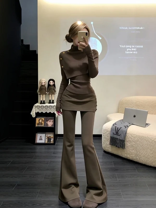 

Women's Knitted Sweater And Straight Leg Pants Two-Piece Set Casual Korean Style Spring Fashion Outerwear High Waist Trousers
