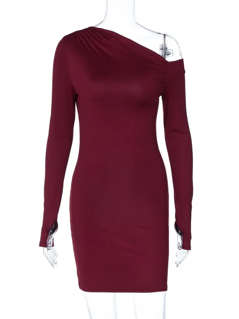 Ropa de mujer, minivestido Sexy de manga larga con cuello Diagonal, vestido ceñido elegante para mujer, vestidos de fiesta de Color sólido a la cadera, ropa para discoteca