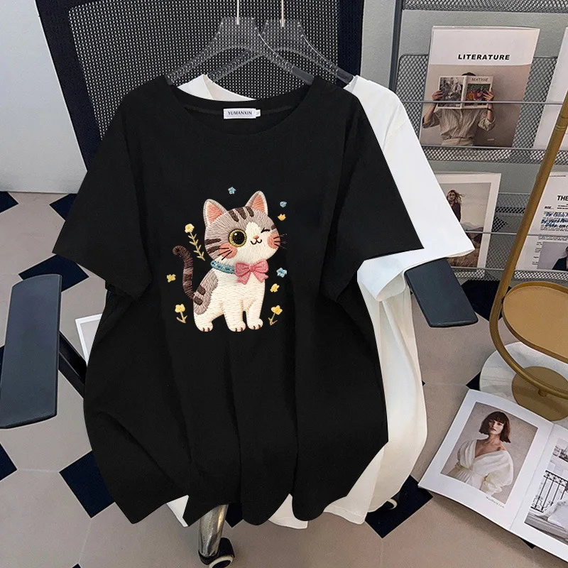 

170Kg Plus Size Women's Bust 170 Summer Loose Short Sleeve Round Neck Cartoon Cat T-Shirt 4XL 5XL 6XL 7XL 8XL 9XL