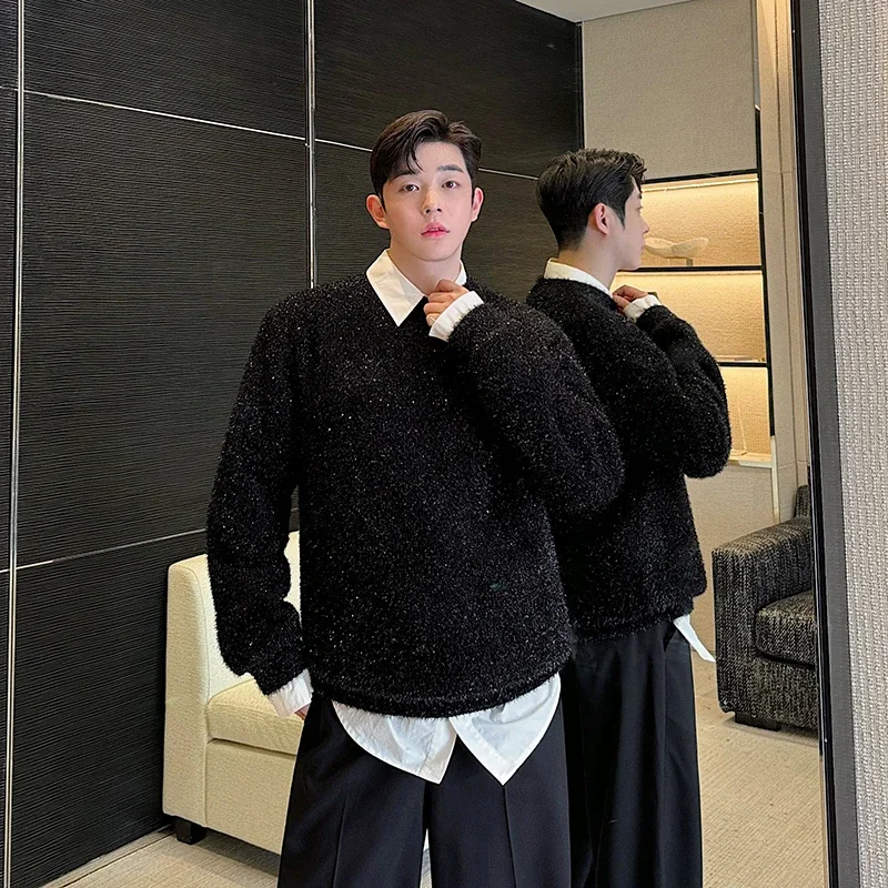 Old Money Style Sweater Men Bright Black Vintage Loose Casual Pullovers Knitted Sweaters Women Autumn Winter Clothing Knitwear