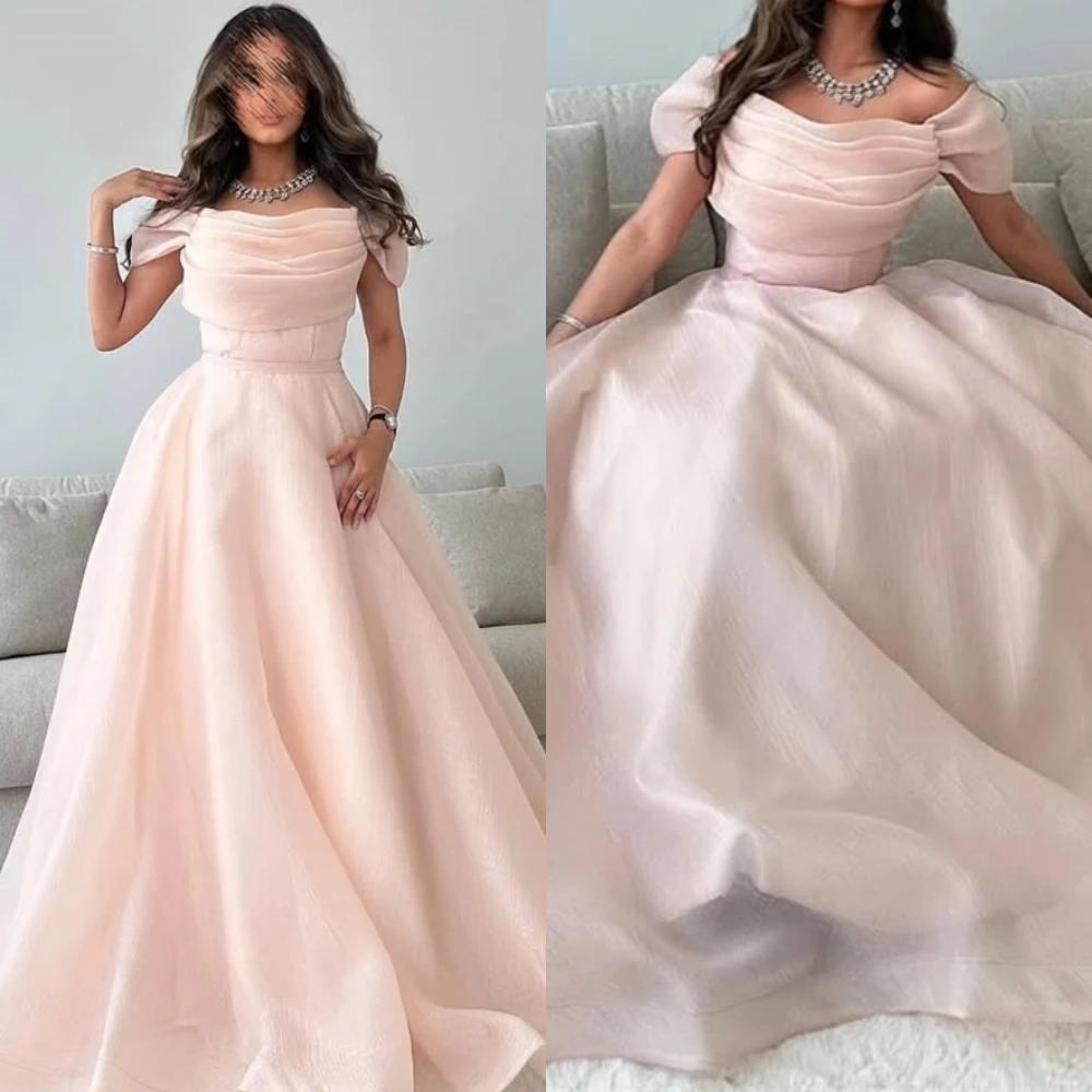 カスタマイズされたクラシック A ライン ストラップレス イブニング ドレス シンプル オフショルダー プロムドレス エレガント オーガンザ ノースリーブ セレブドレス