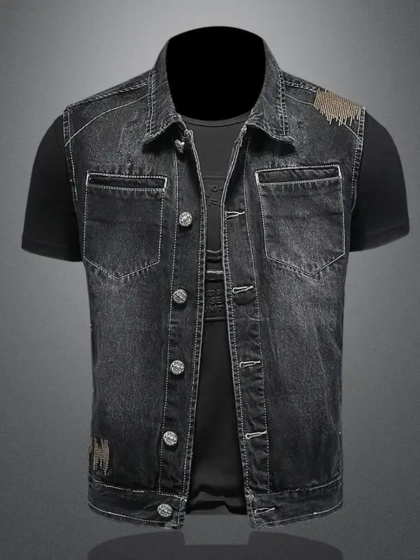 

Men's Embroidered Denim Motorcycle Vest Svel Trendy Korean Sle Spring Autumn New Large Size Faionable Bal Vest