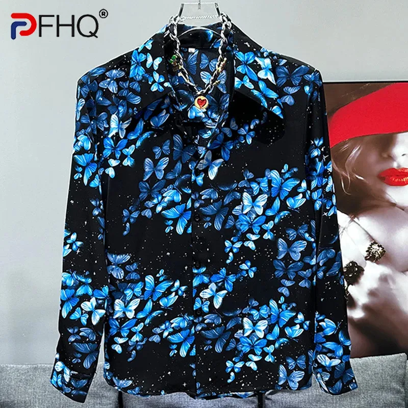 

PFHQ Fashion Anime Print Shirts Summer Male Handsome Loose Long Sleeved Thin Breathable Turn-down Collar Men's Art Tops 21Z4693