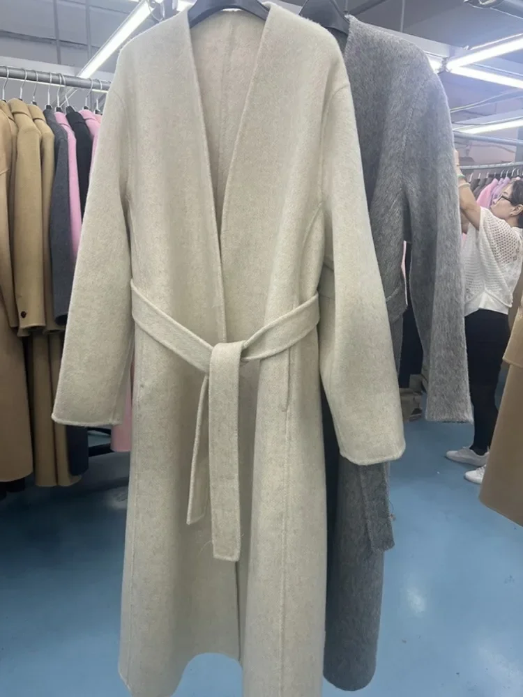 RosEvans Double-sided Alpaca Wool Coat Women Korean High Quality Light Grey Winter Coat New Collarless Bathrobe Wool Coat Women