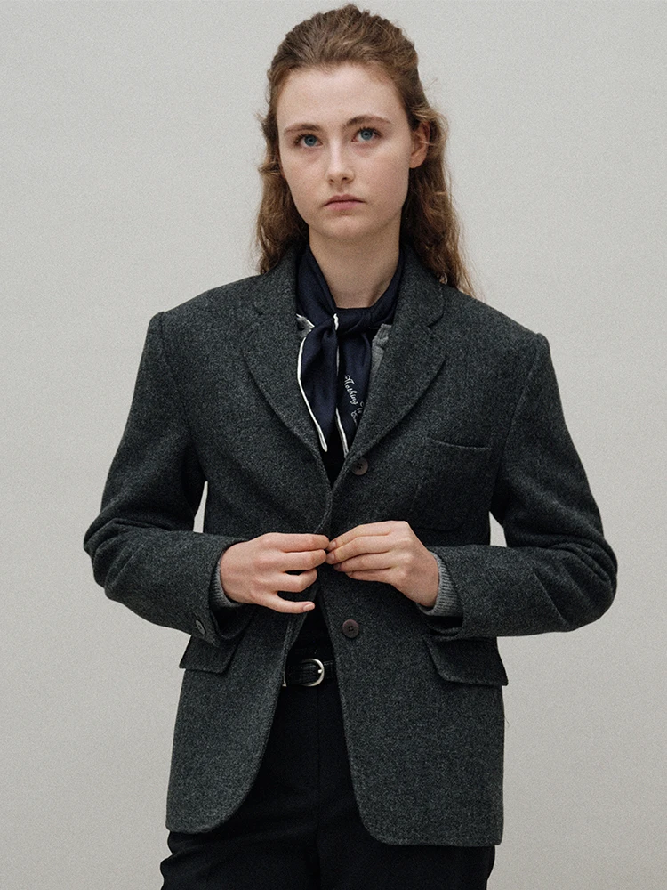 ชุดสูทผ้าขนสัตว์สไตล์เรโทรสำหรับผู้หญิง คุณภาพดี แฟชั่นฤดูหนาว กระดุมผ่าหน้า แขนยาว สีพื้น เรียบง่าย ใช้งานได้หลากหลาย