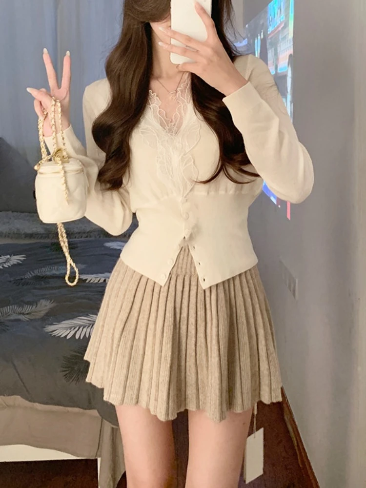 2023 Spring 2 Piece Dress Set Women Korean Fashion Y2k Clothing Sweet Cardigan + Mini Skirts Elegant Bodycon Knitted Suits Chic