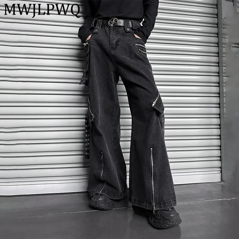 

MWJLPWQ Trendy Multi Zipper Design Jeans Men's 2026 New Loose Straight Multi-pocket Wide-leg Long Pants Spring Autumn 13489