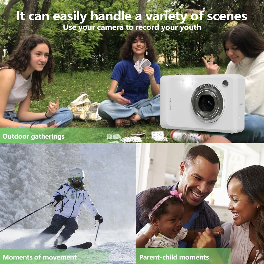 Câmera digital HD com câmera dupla frontal e traseira com cordão, três cores, câmera portátil para esportes ao ar livre