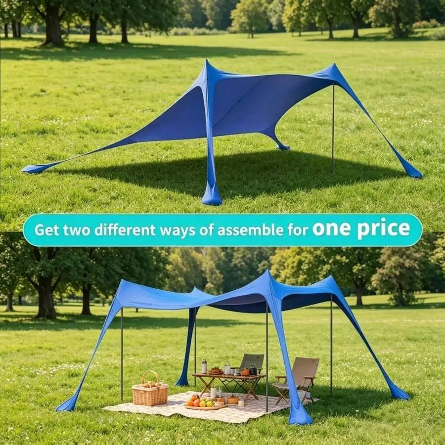 Beach Tent with Sand Shovel - Lightweight Blue Square Outdoor Canopy for All Seasons, Durable Fabric Shelter for Beach Camping, Park, Fishing & Family Gatherings, Picnic Shade