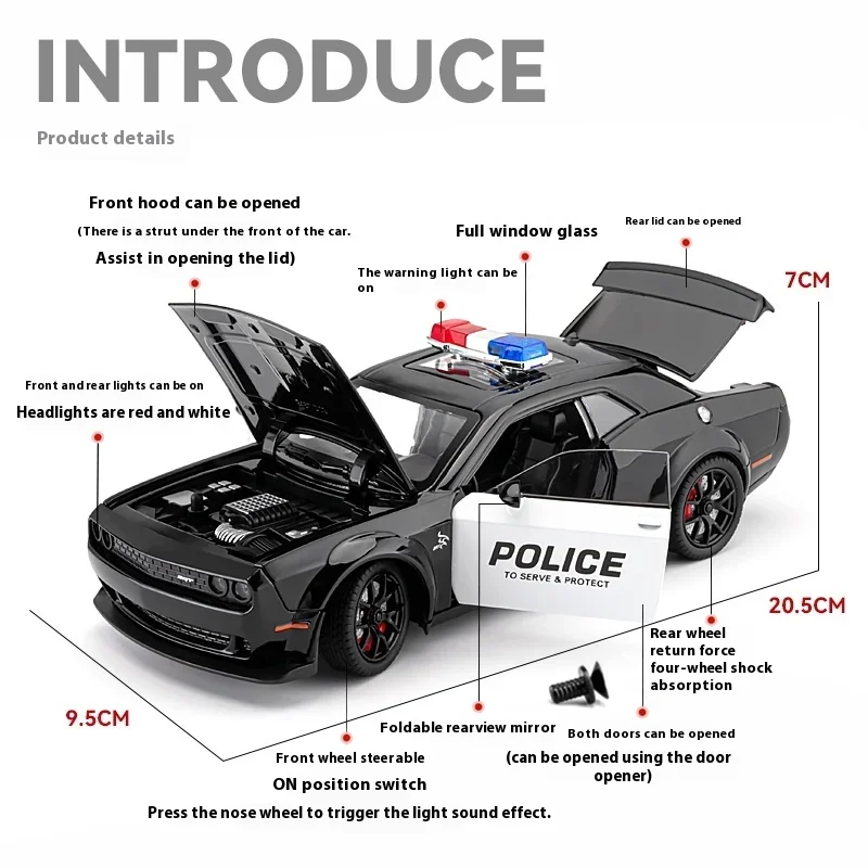 1:24 American Police Vehicle Dodge Challenger SRT Hellcat Alloy Metal Diecast Model Car Sound & Light Children Toy Gifts For Boy