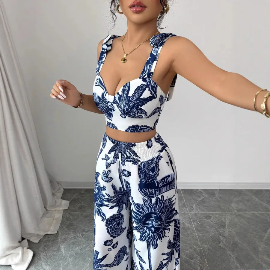 Sexy Neckholder-Tops mit Trägern und langen Hosen, zweiteiliges Set für Damen, Sommermode, bedruckte, weit geschnittene Hosen mit Taschen, eleganter Damenanzug