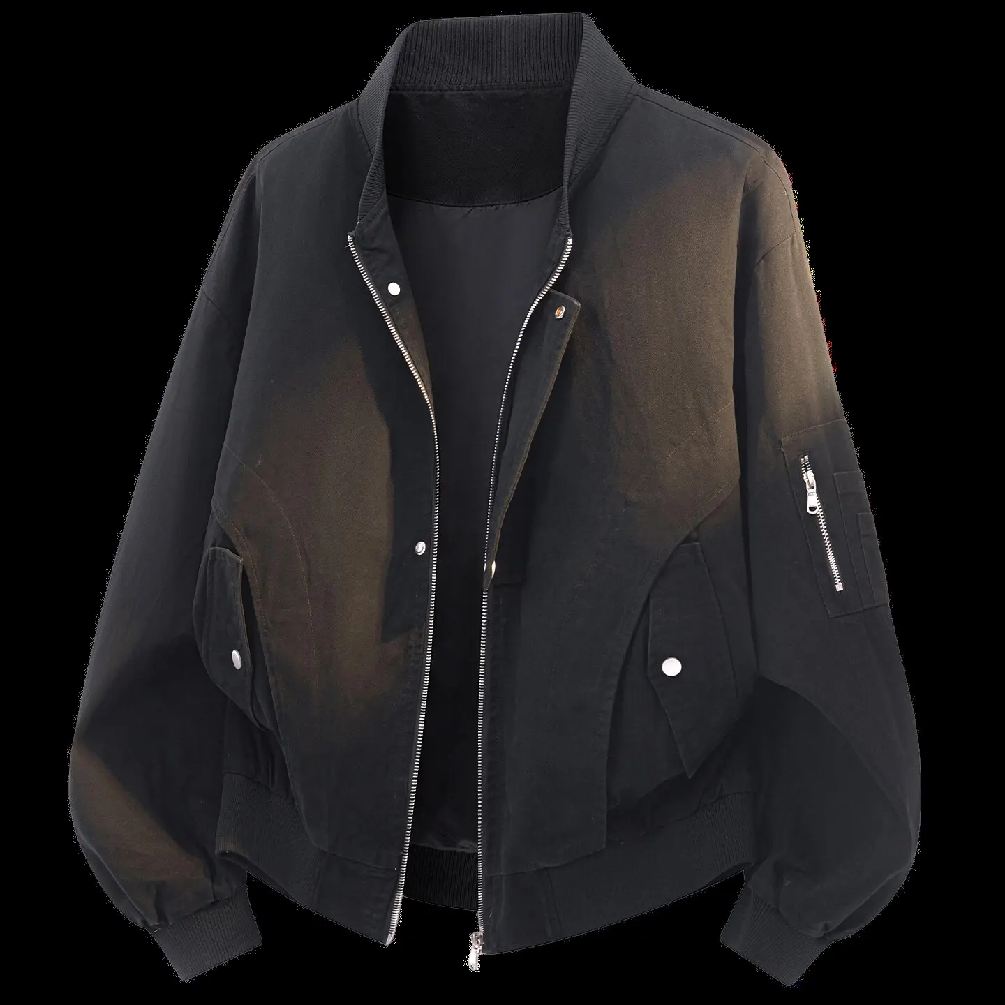 

Spring stand-up collar solid color deconstructed zipper button half-cover chain splicing design loose, casual and versatile