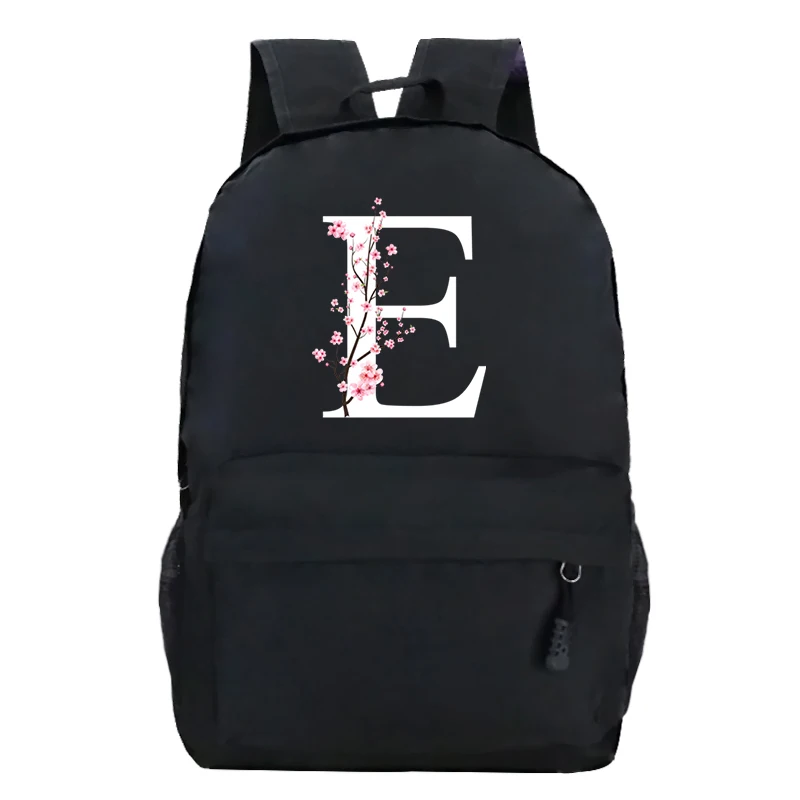 Youth School Backpacks Sakura Flower A-Z Alphabet Large Capacity Canvas Harajuku Fashion Zipper Aesthetic Shoulders Black Bags