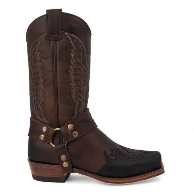 Herren Western-Cowboystiefel mit Quadratischer Zehenkappe, Retro-Stickerei, Halbhohe Ritterstiefel mit Schnallenriemen, Niedriger Absatz, Outdoor-Herrenschuhe Neu 2026 – Detail 9