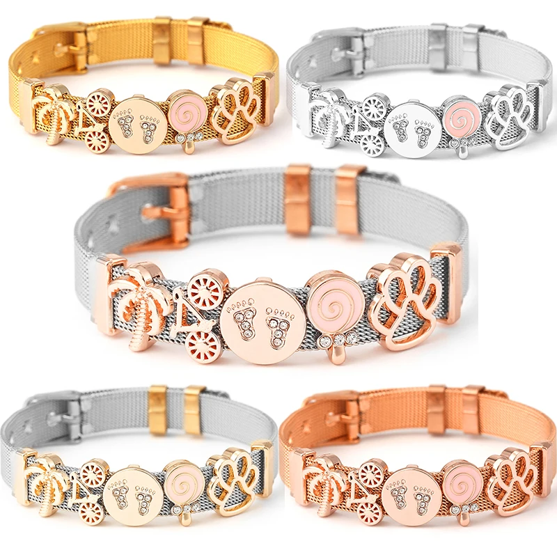 Moda nueva 10mm pata de perro cuentas de bicicleta Pulseras con dijes DIY pulseras de malla de acero inoxidable Pulseras Mujer para mujeres y hombres